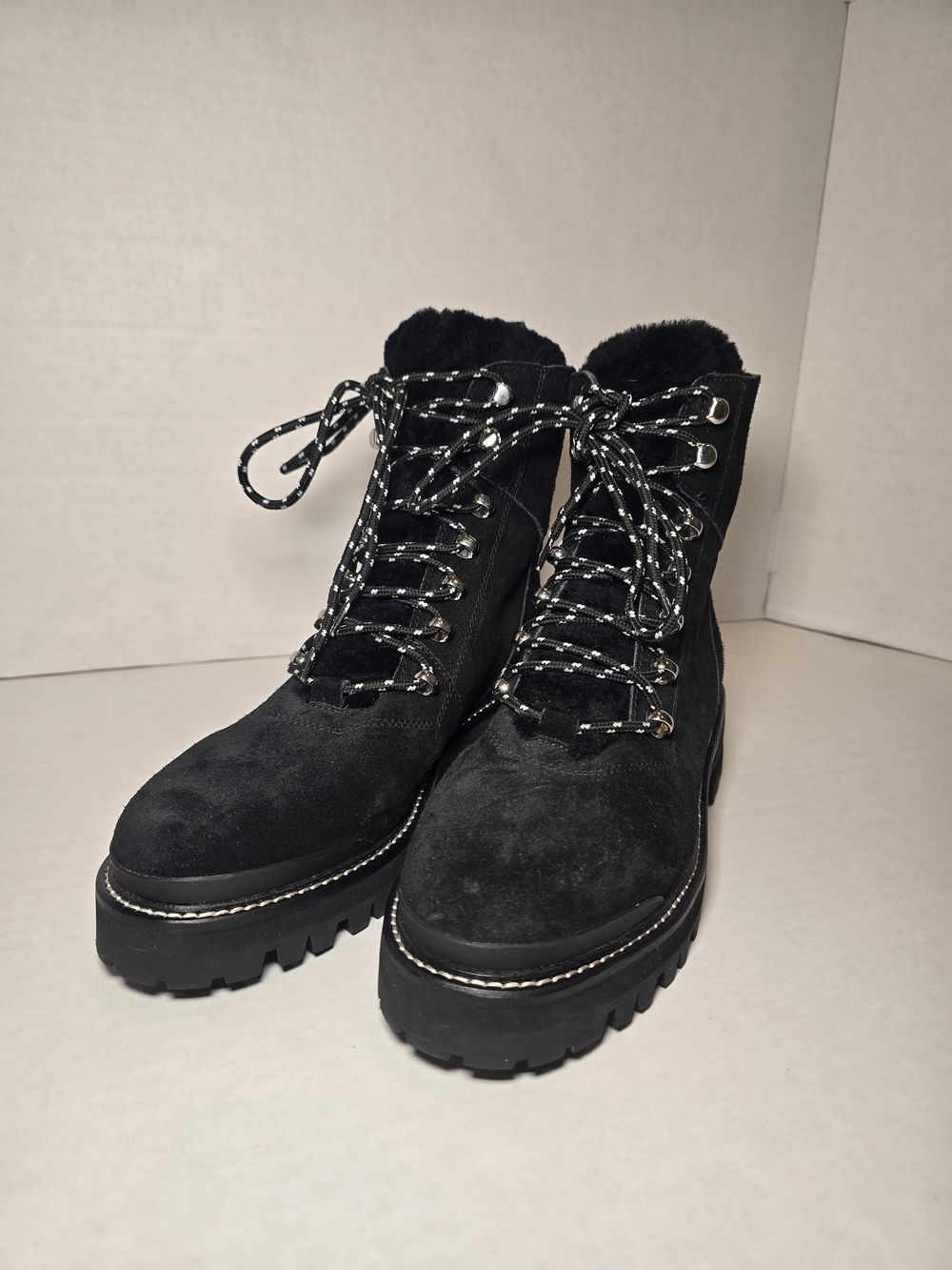 Marc Fisher Black Suede Lace-Up Ankle Boots with Faux Fur Trim